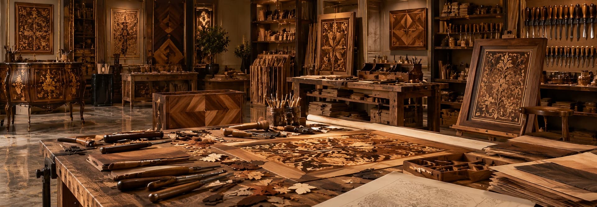 Atelier de marqueterie AZ Ameublement : panneaux en cours de composition, gouges de sculpteur alignées sur l'établi et placages de bois précieux
