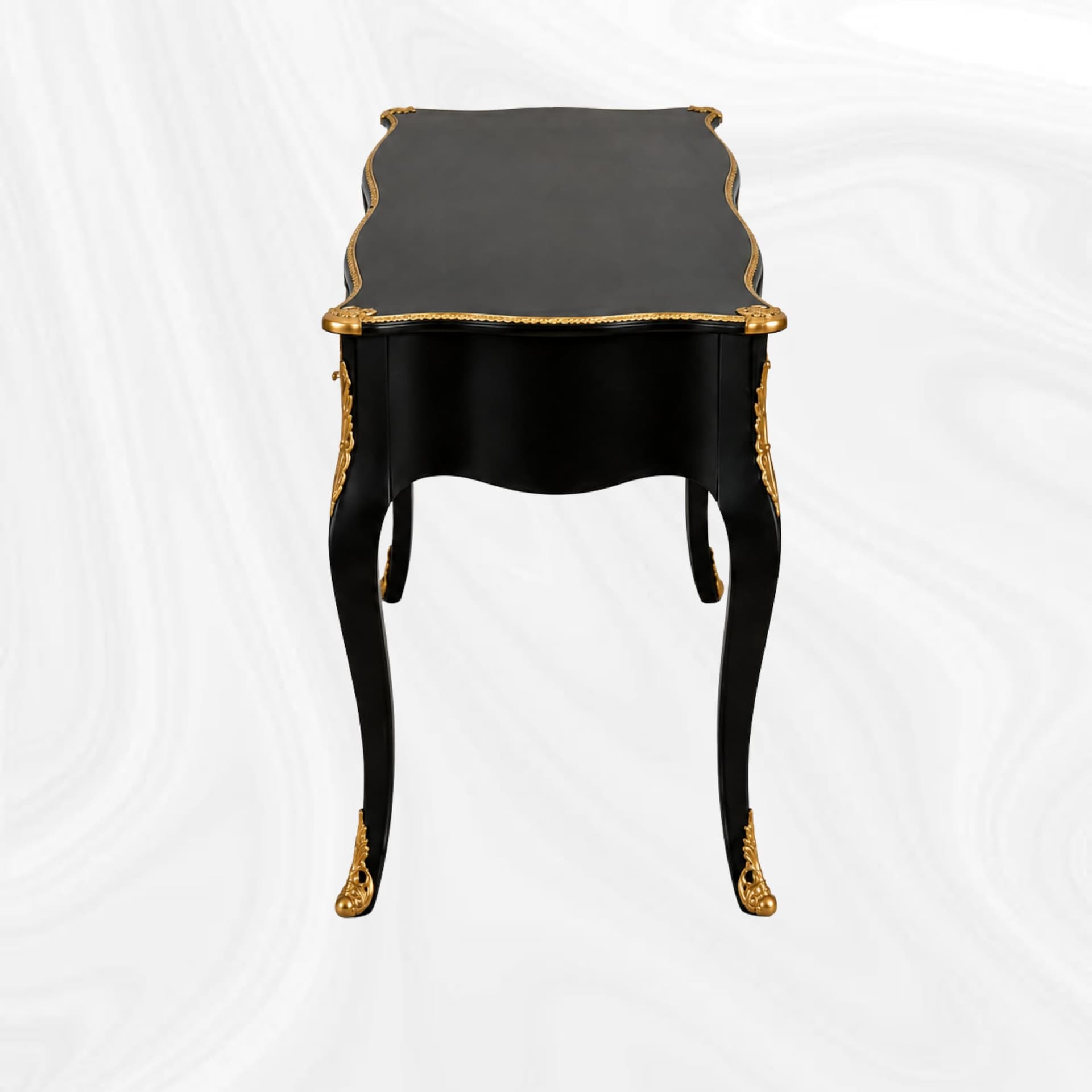 Black and gold writing desk, side view
