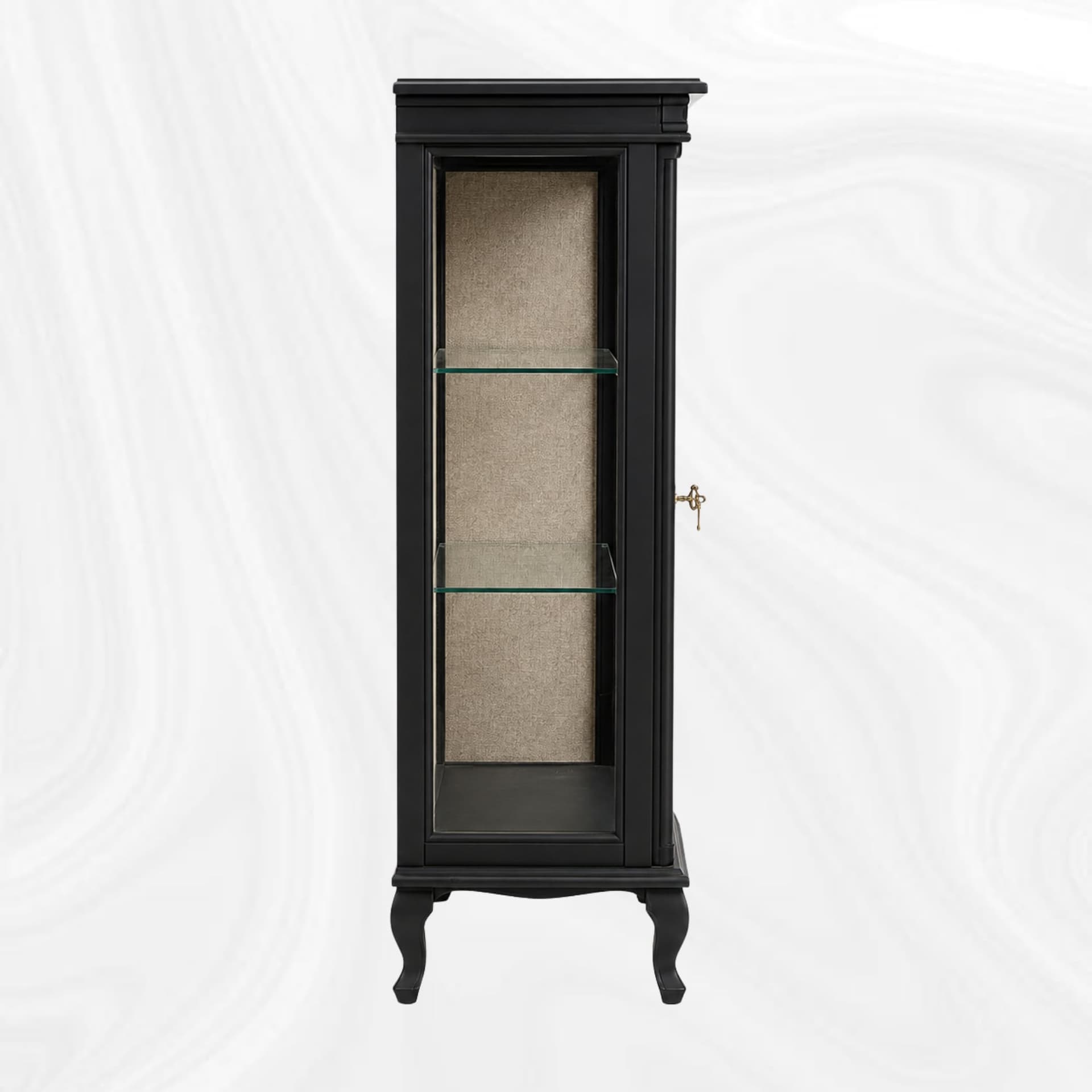 Vitrine noire, vue de profil et tablettes visibles