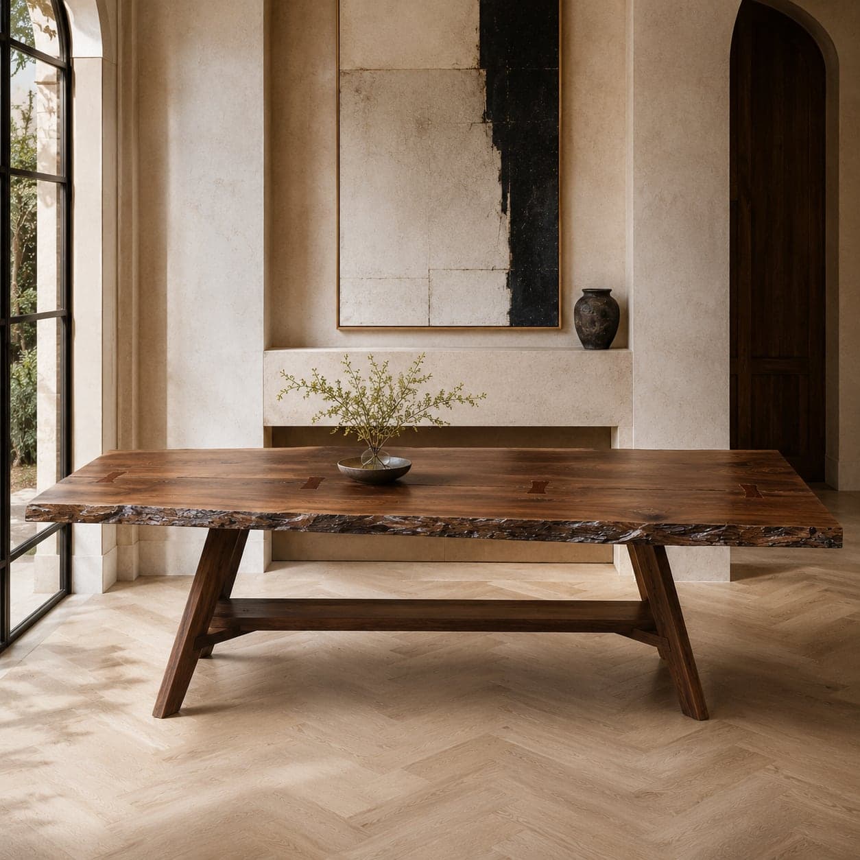 Table à manger en noyer à bord naturel présentée dans une salle à manger