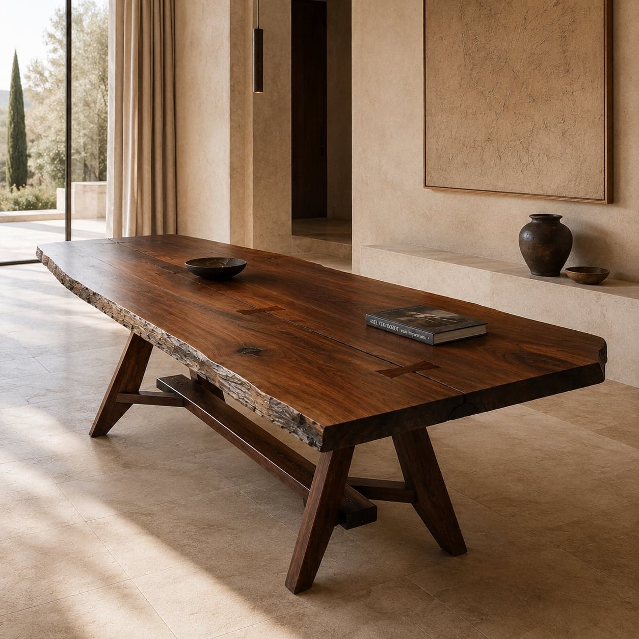Table à manger en noyer massif à bord naturel, vue d'ensemble