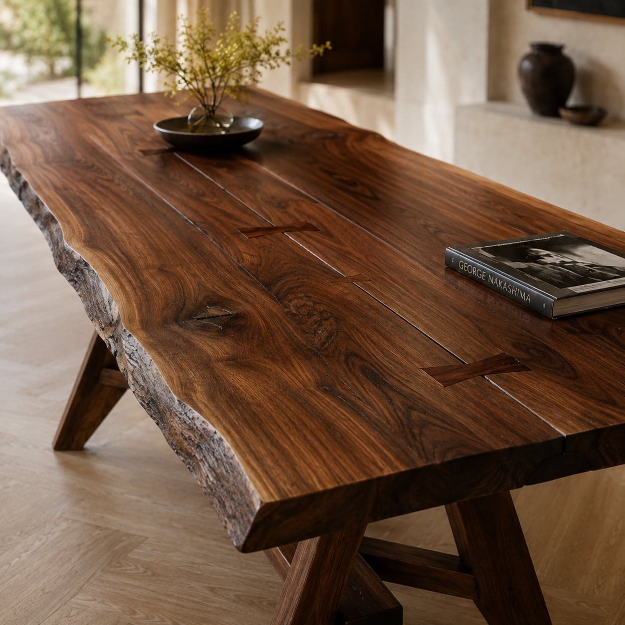 Table à manger en noyer, vue latérale montrant le piètement et l'entretoise