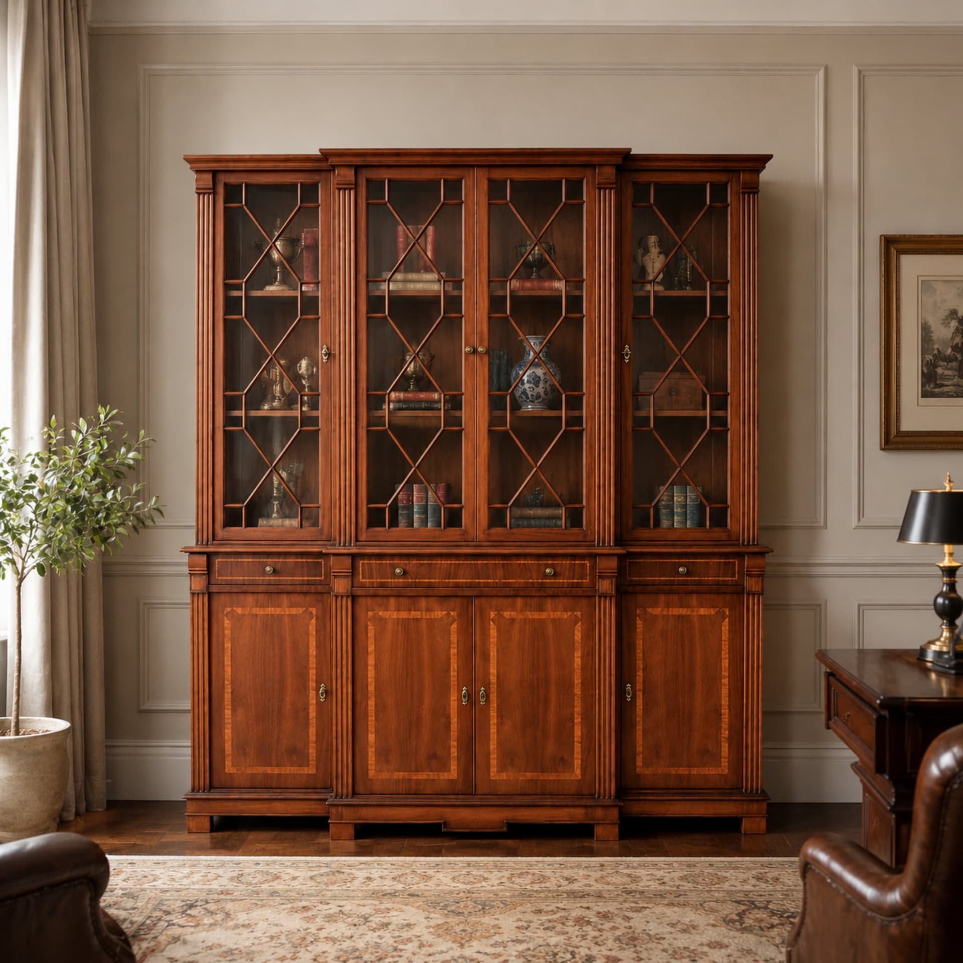 Bibliothèque-vitrine à quatre portes, petits bois losangés
