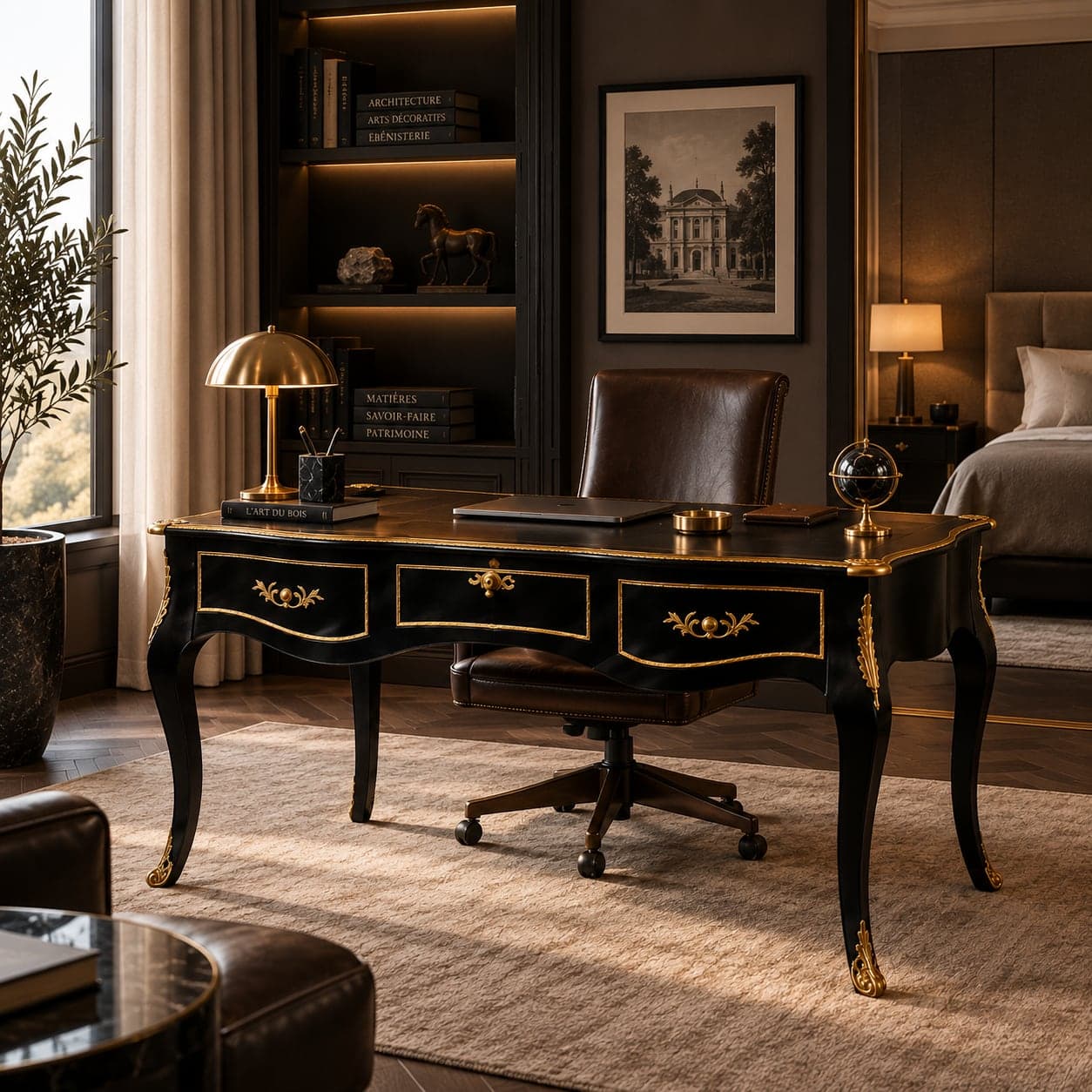Bureau plat laqué noir à décor doré AZ Ameublement dans un cabinet de travail, lampe de laiton et bibliothèque