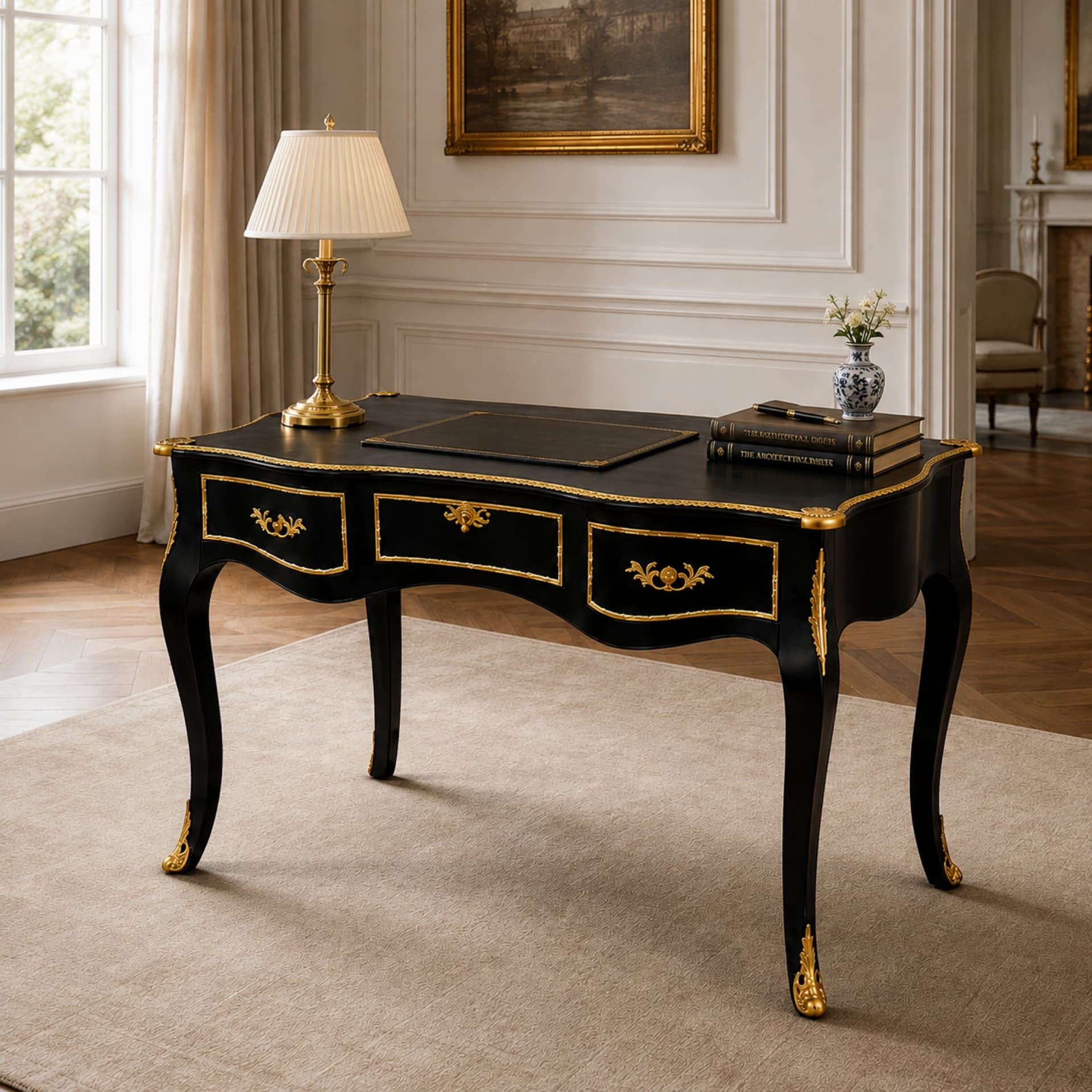Bureau plat en bois laqué noir à décor doré présenté dans un intérieur