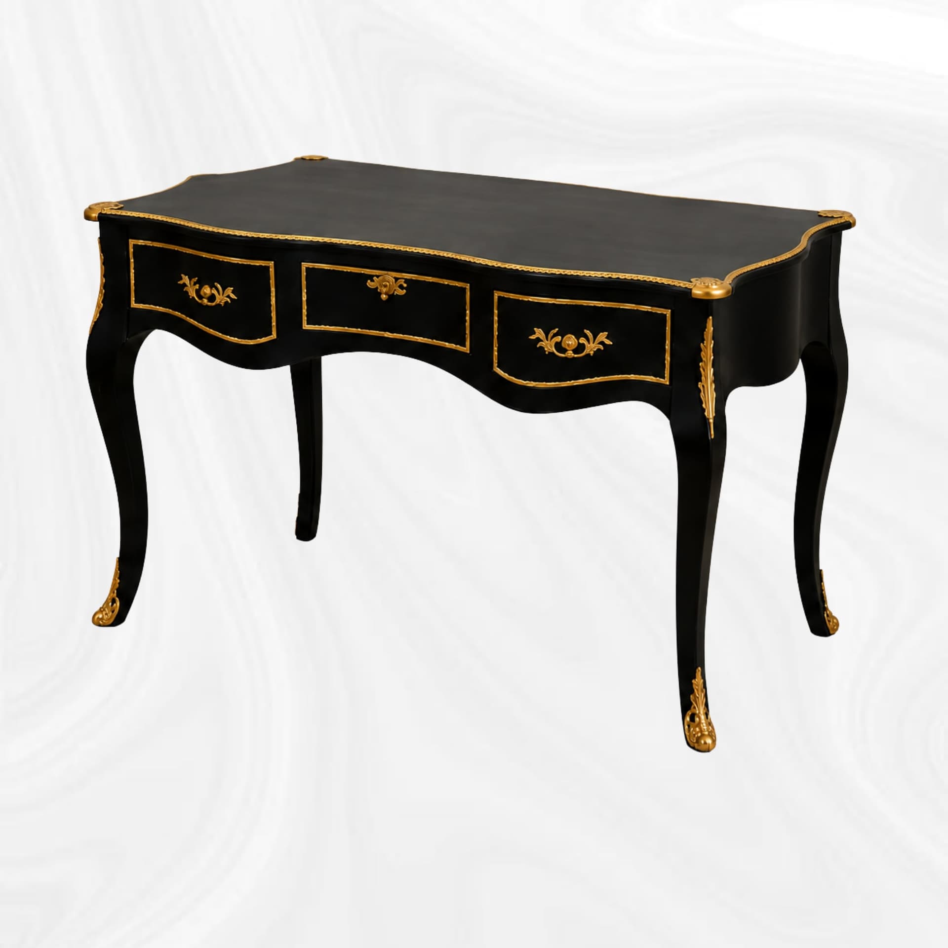 Black and gold writing desk, front three-quarter view