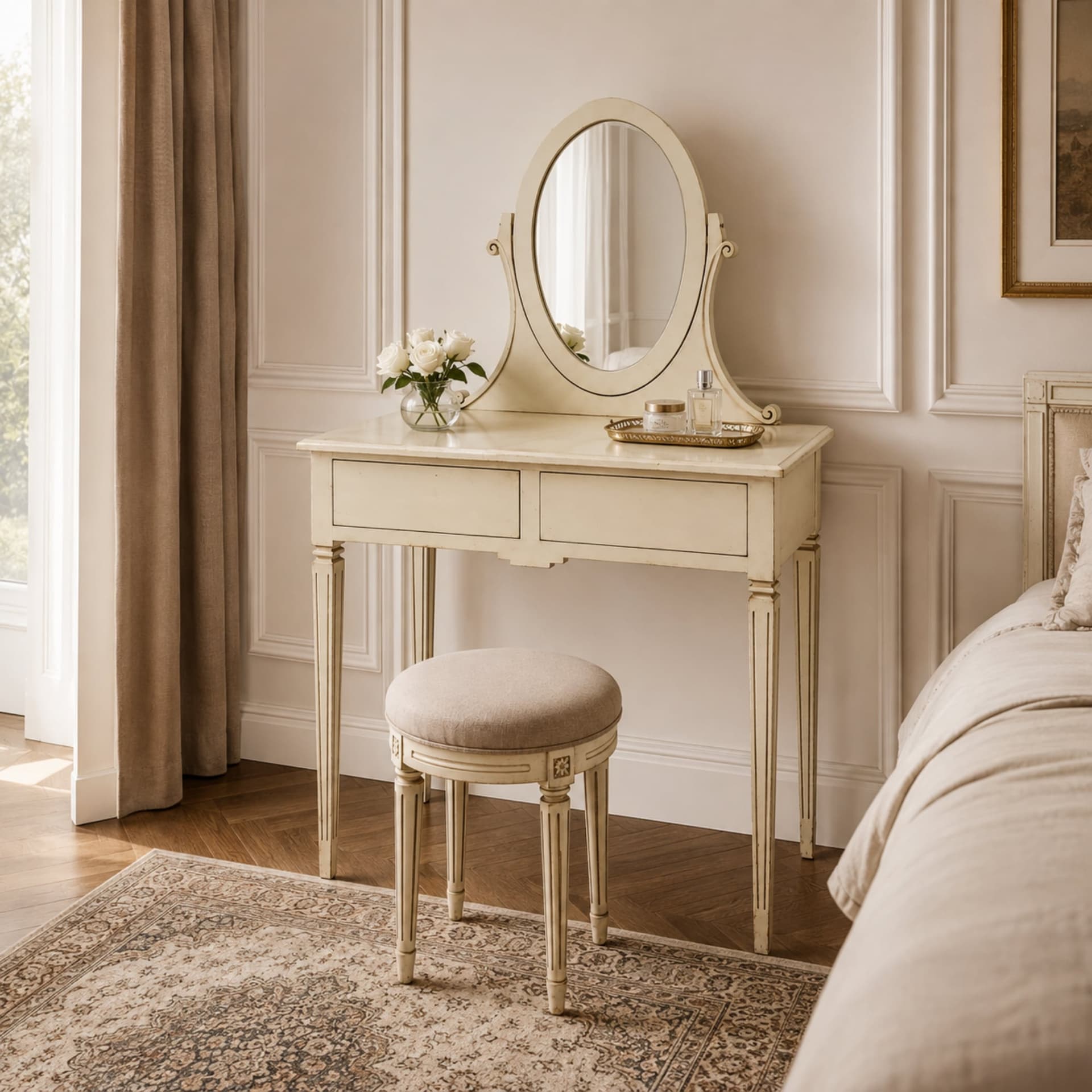 Coiffeuse ivoire à miroir ovale, présentée dans une chambre aux tons doux
