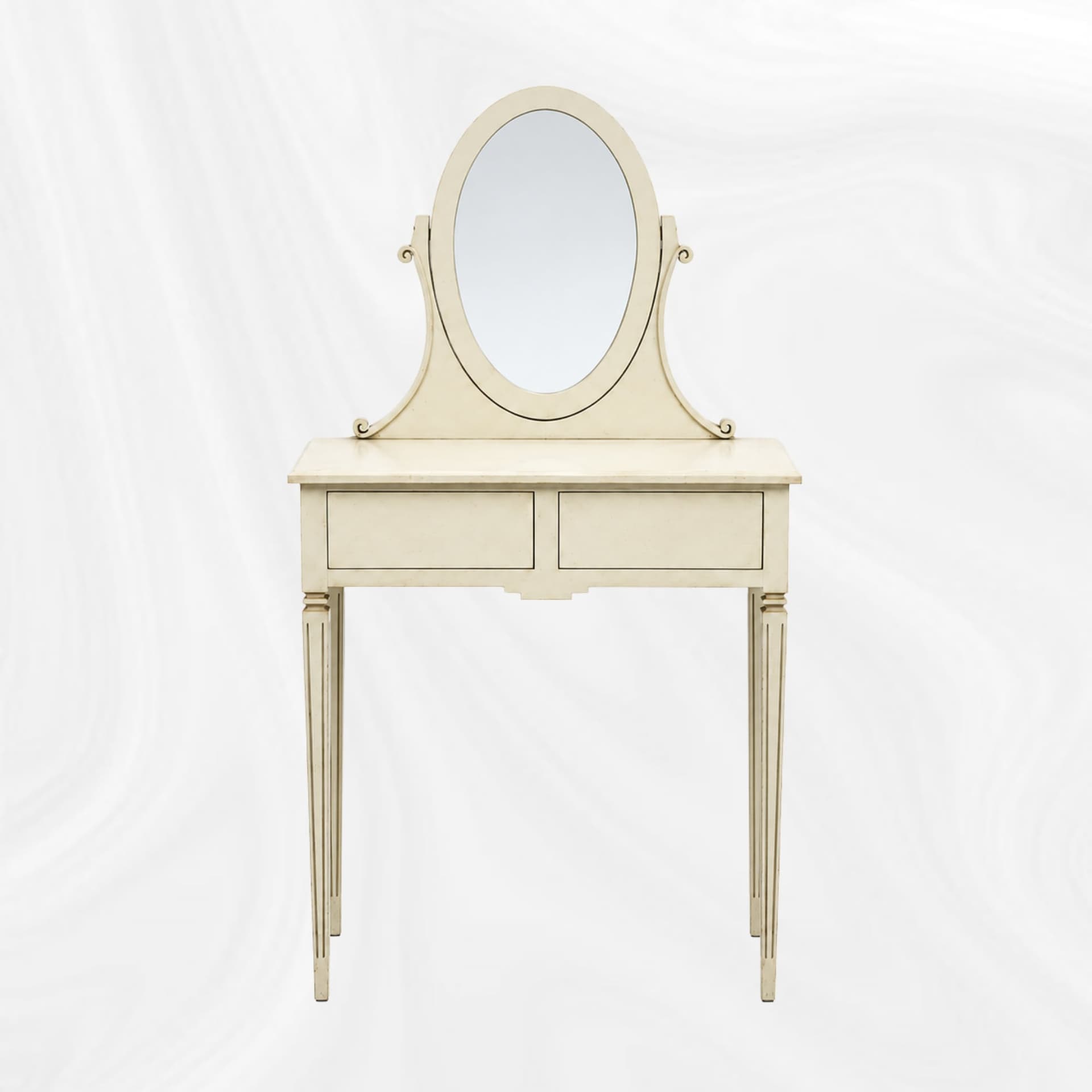 Coiffeuse ivoire a miroir ovale, vue de face