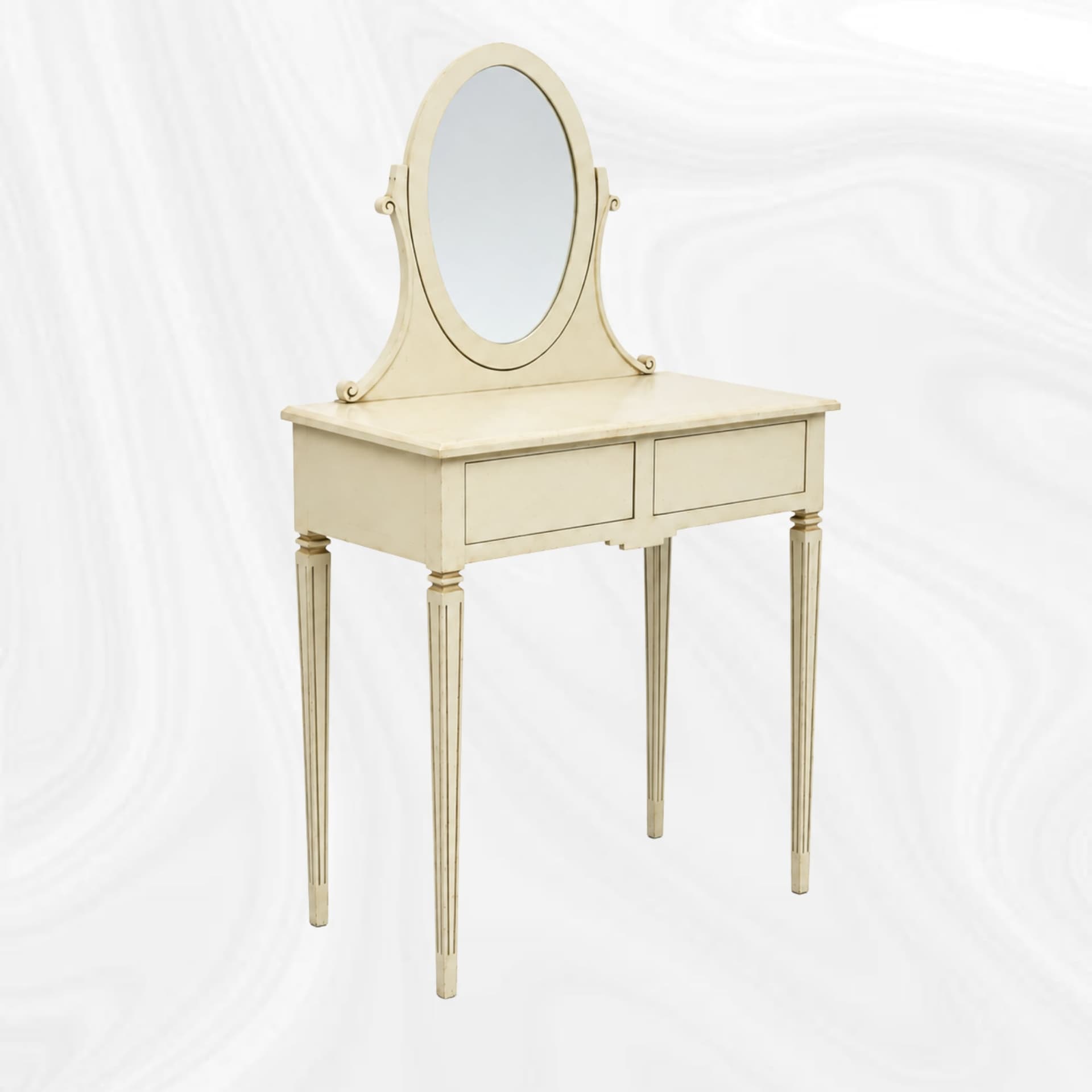 Coiffeuse ivoire a miroir ovale, vue de trois quarts