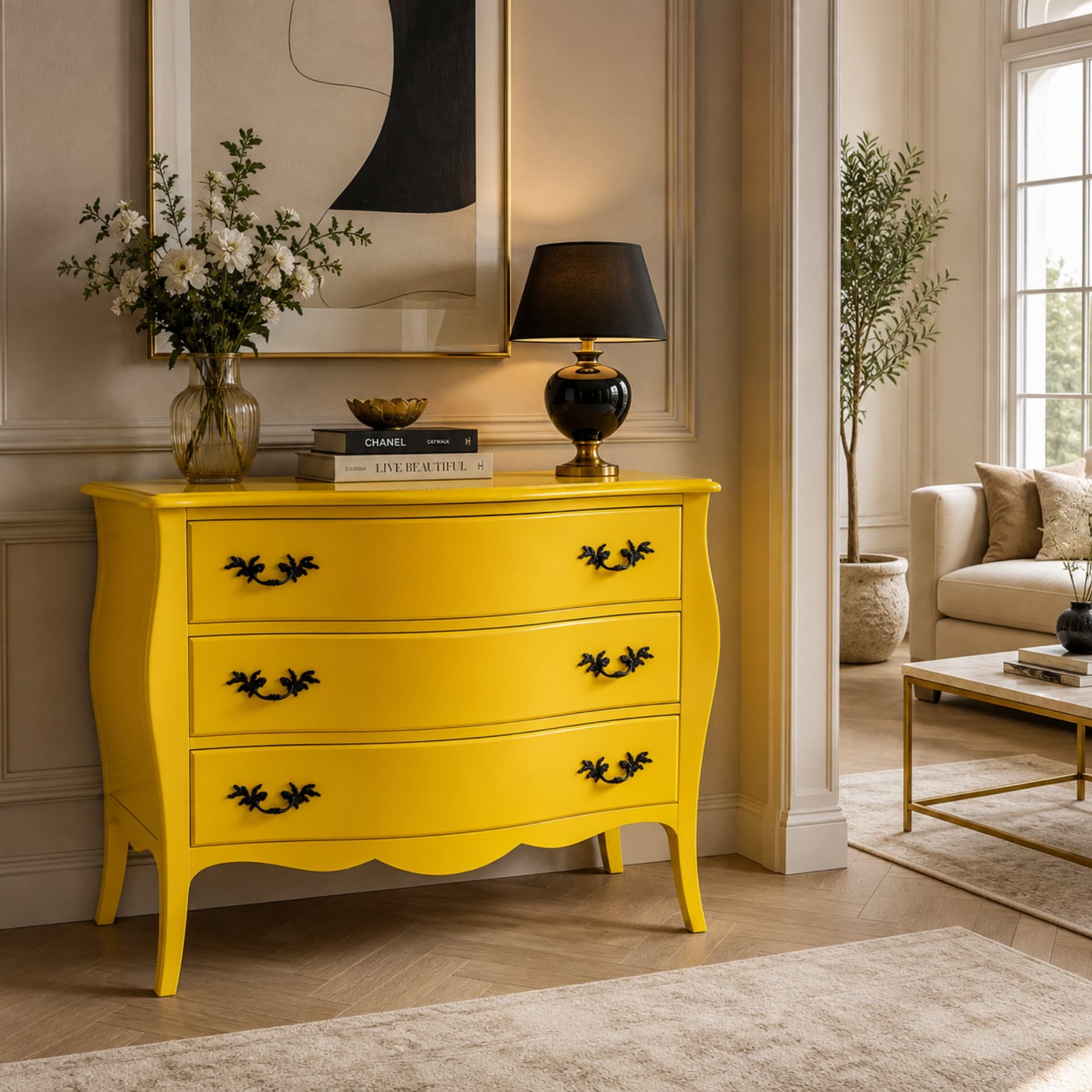 Commode galbée laquée jaune AZ Ameublement, ornements noirs, adossée à la boiserie d'un salon de réception clair