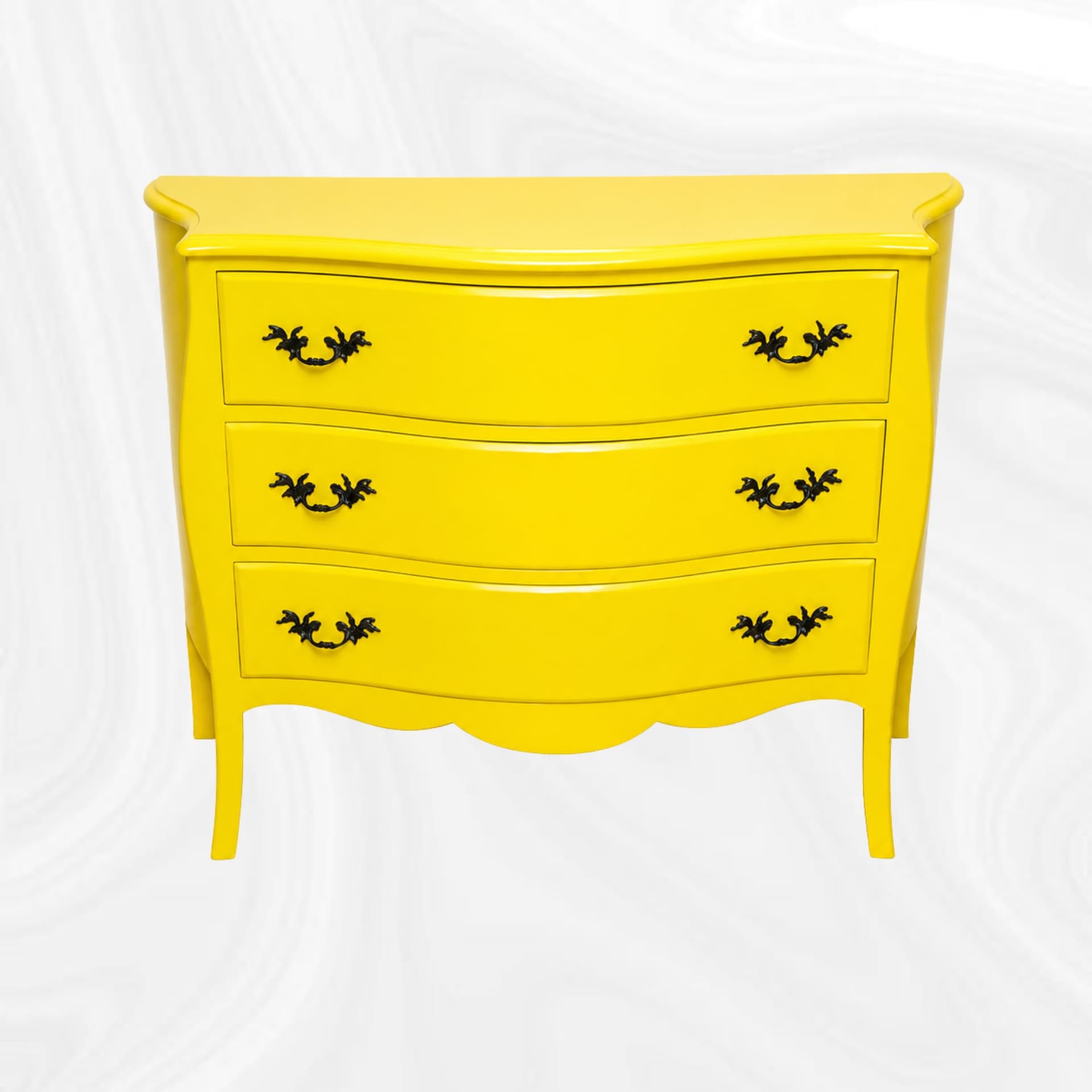 Commode galbee jaune a trois tiroirs, vue de face