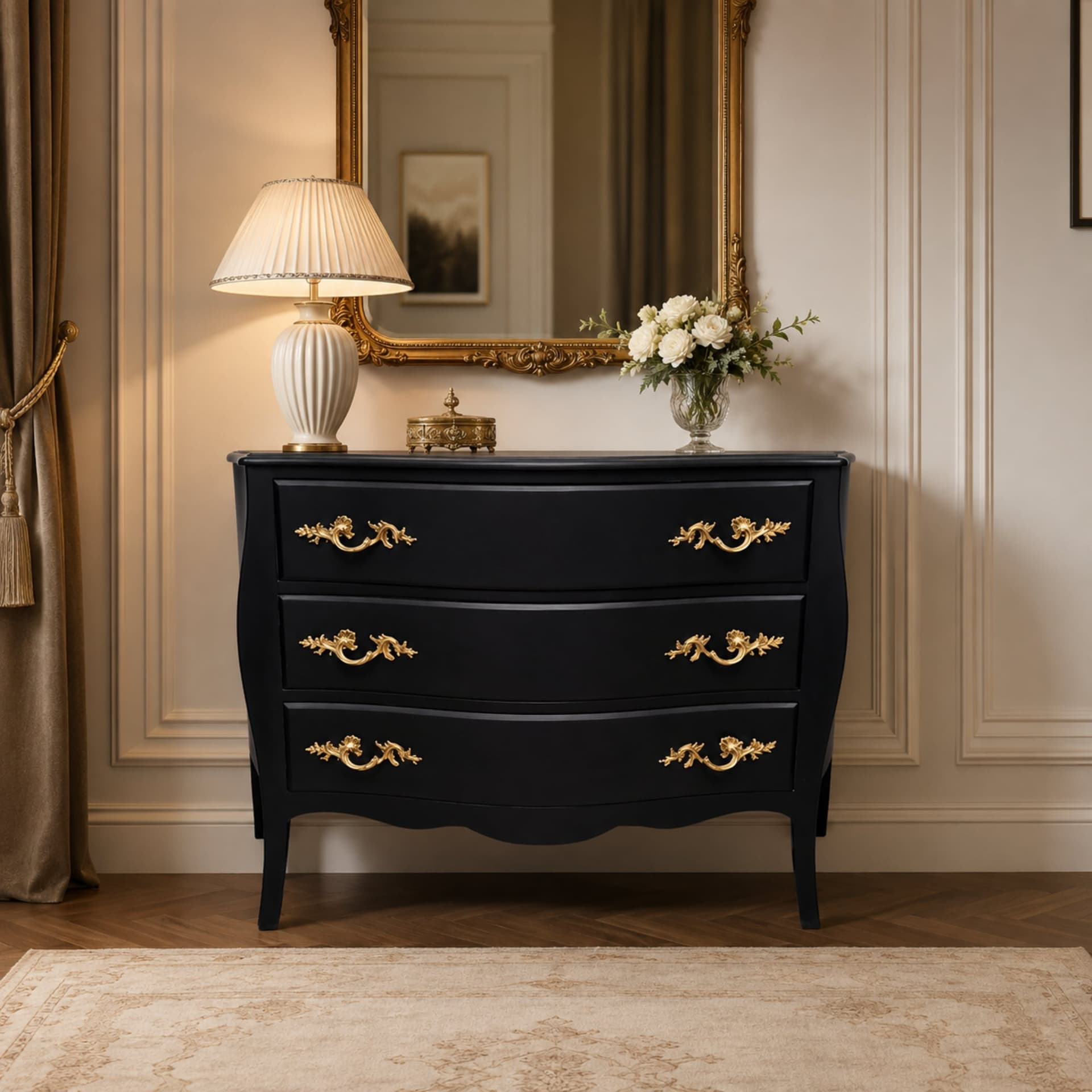 Commode noire presentee dans un interieur classique clair