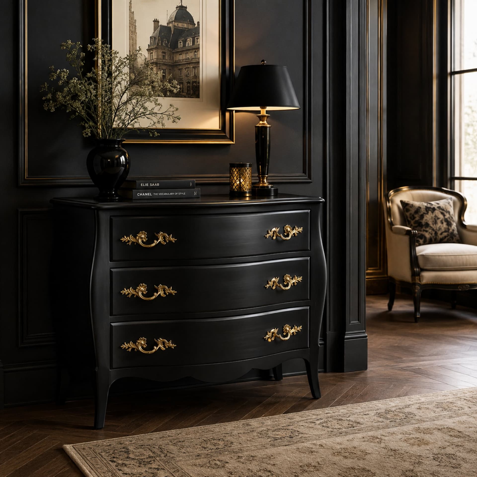 Commode galbée laquée noire, création AZ Ameublement, présentée dans un intérieur