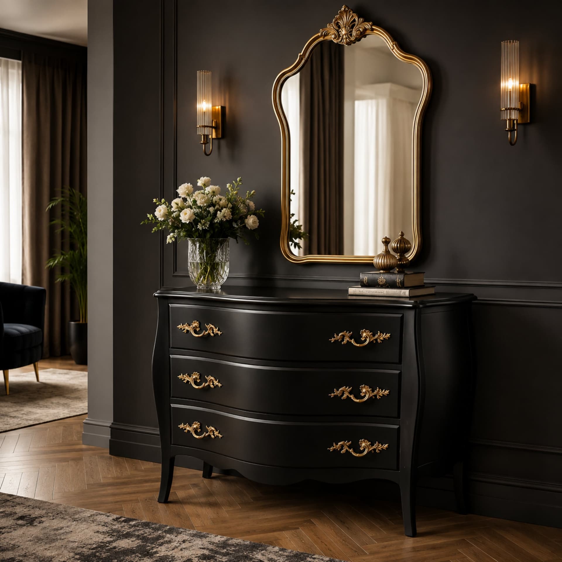 Commode noire avec miroir decoratif en mise en situation