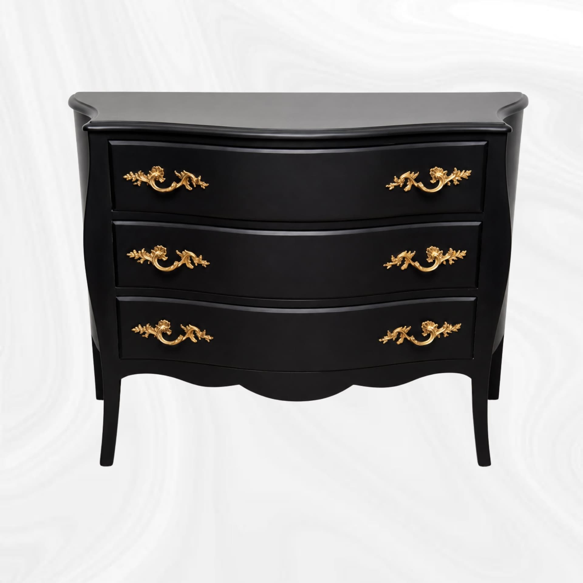 Commode galbee noire a trois tiroirs, vue de face