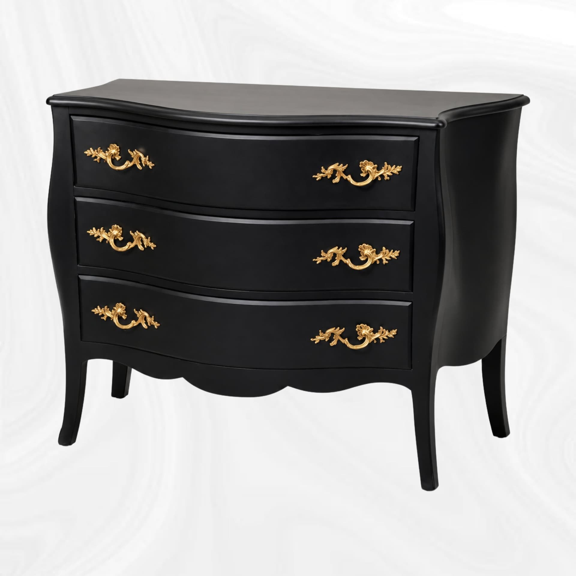 Commode galbee noire a trois tiroirs, vue de trois quarts