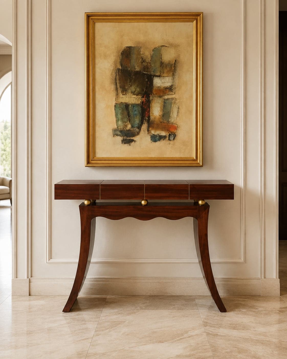 Console d'apparat à plateau segmenté et sphères de laiton, vue de trois quarts