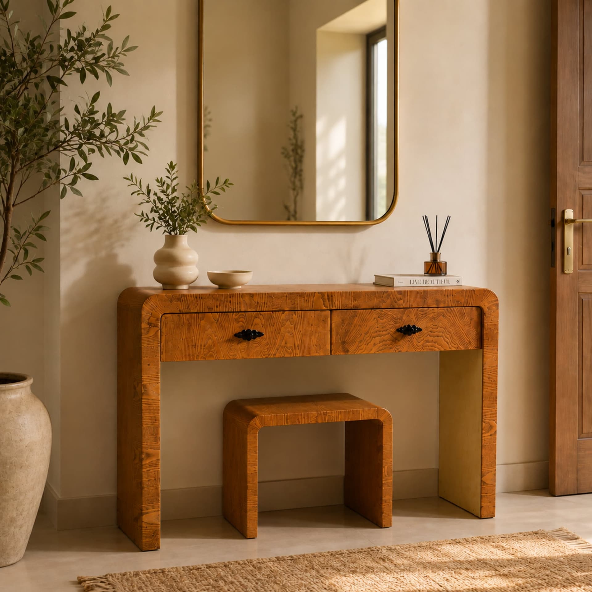 Console arrondie en bois clair et tables gigognes coordonnées, présentées dans un intérieur