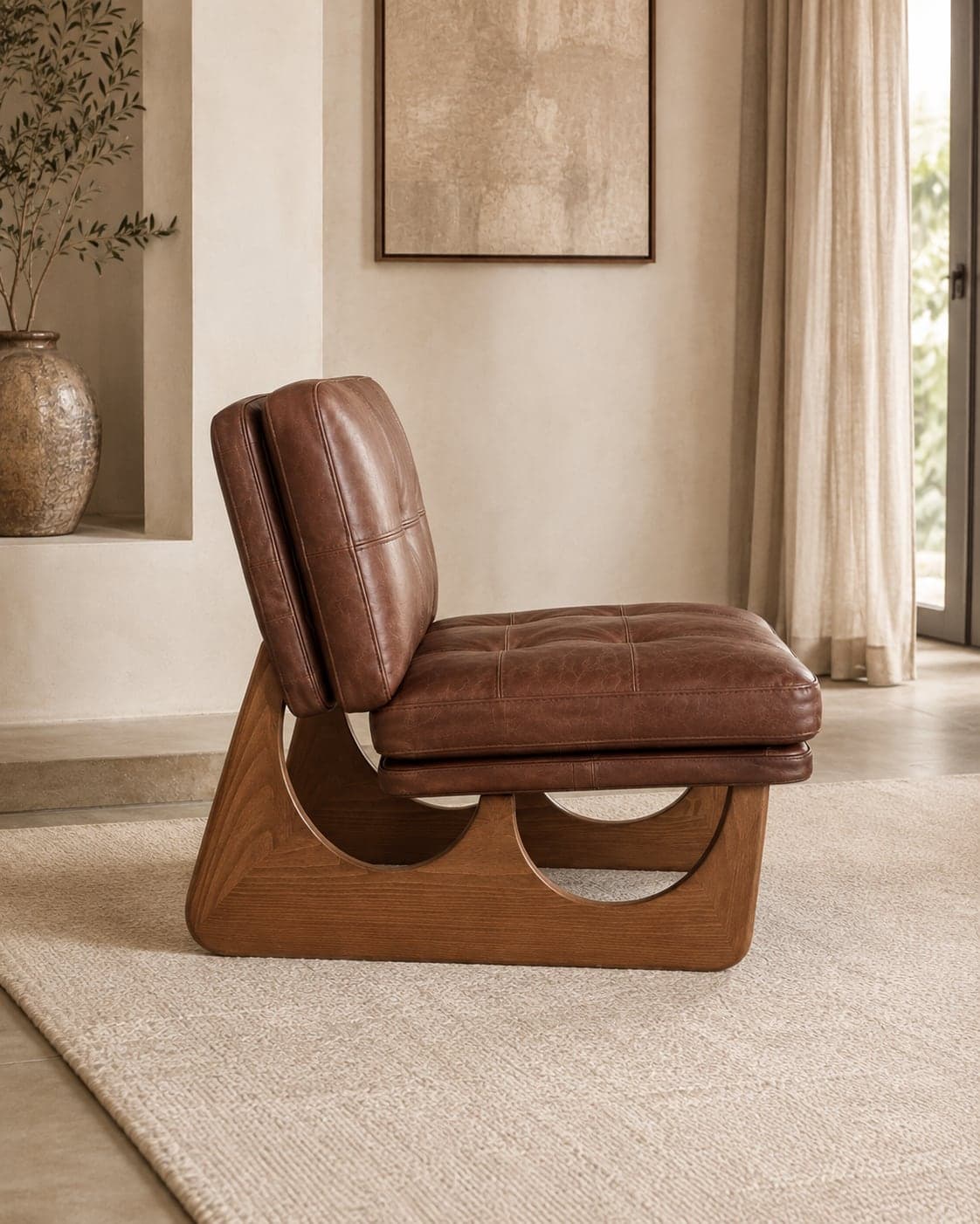 Fauteuil lounge vu de profil, montrant le profil en V du piètement