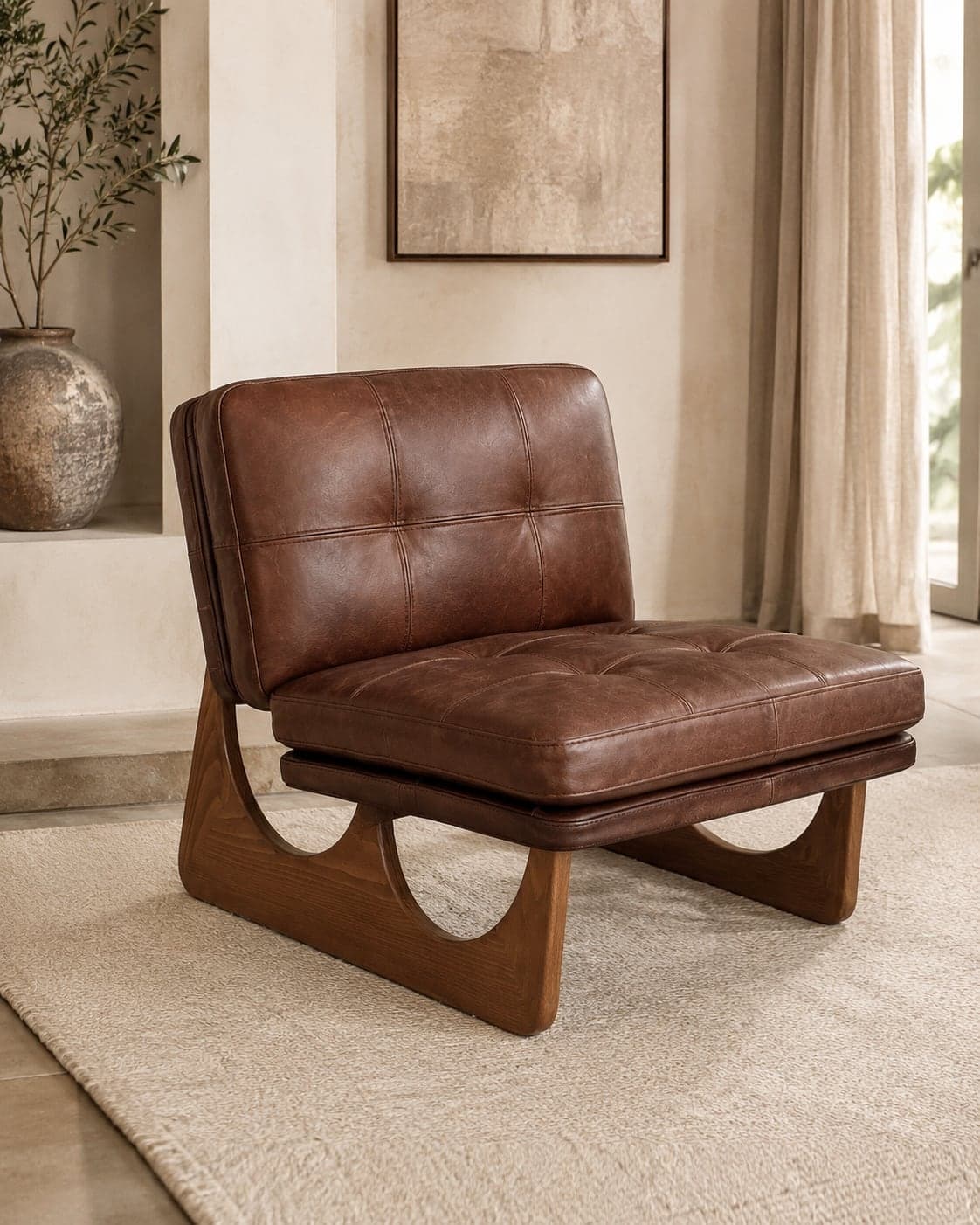 Duo de fauteuils lounge en cuir brun et bois massif, vue de trois quarts