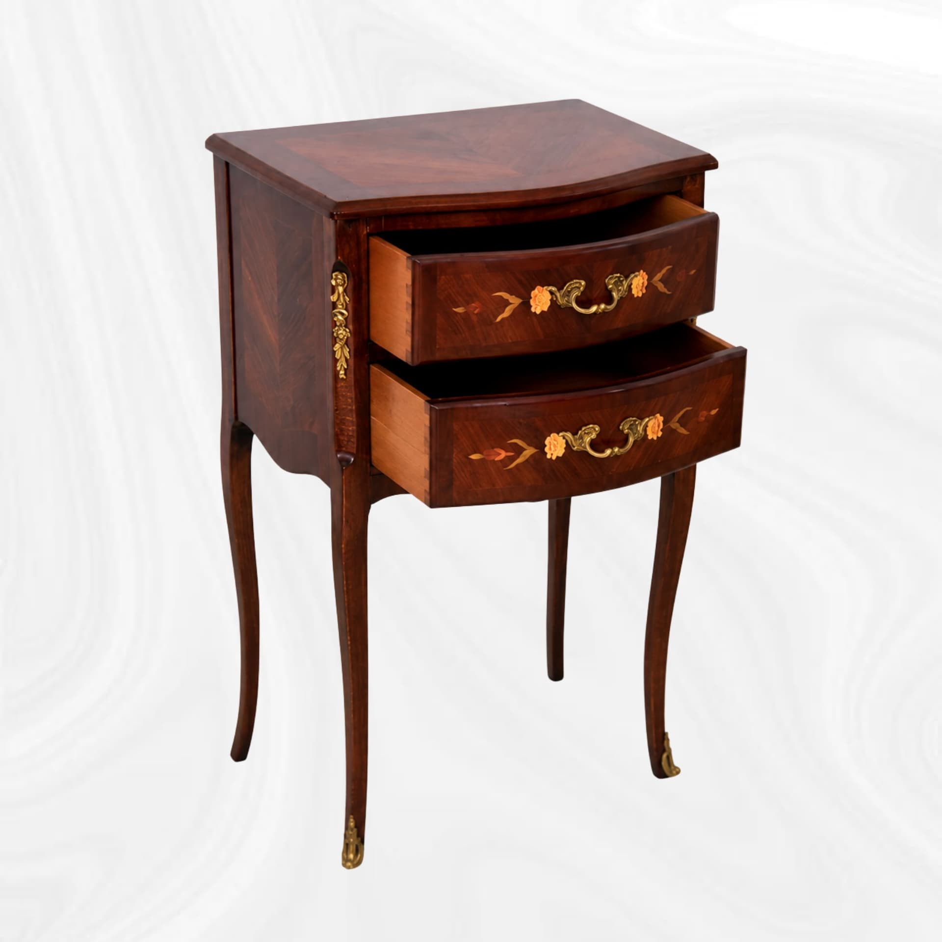 Open drawers of the curved occasional table