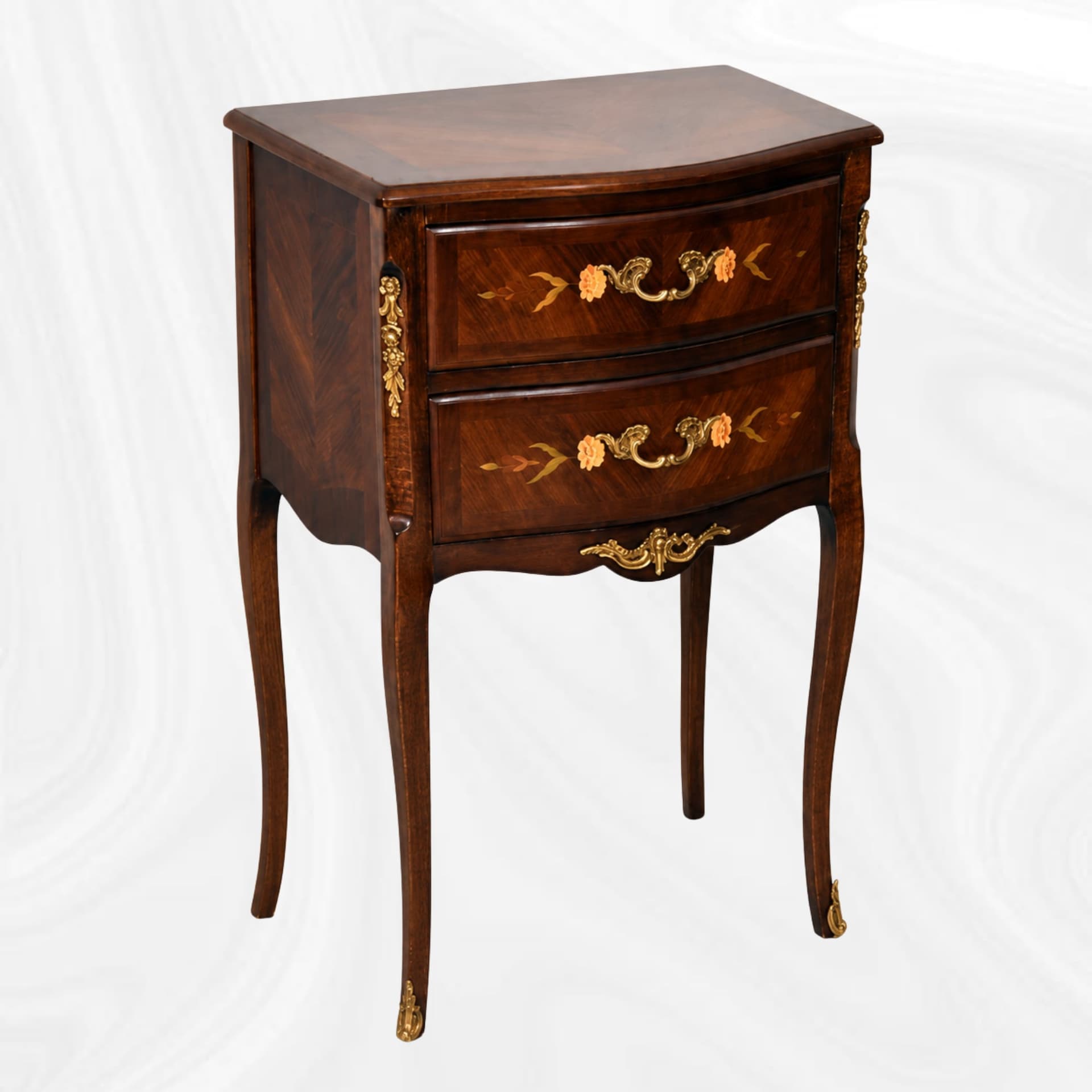 Curved two-drawer occasional table, three-quarter view