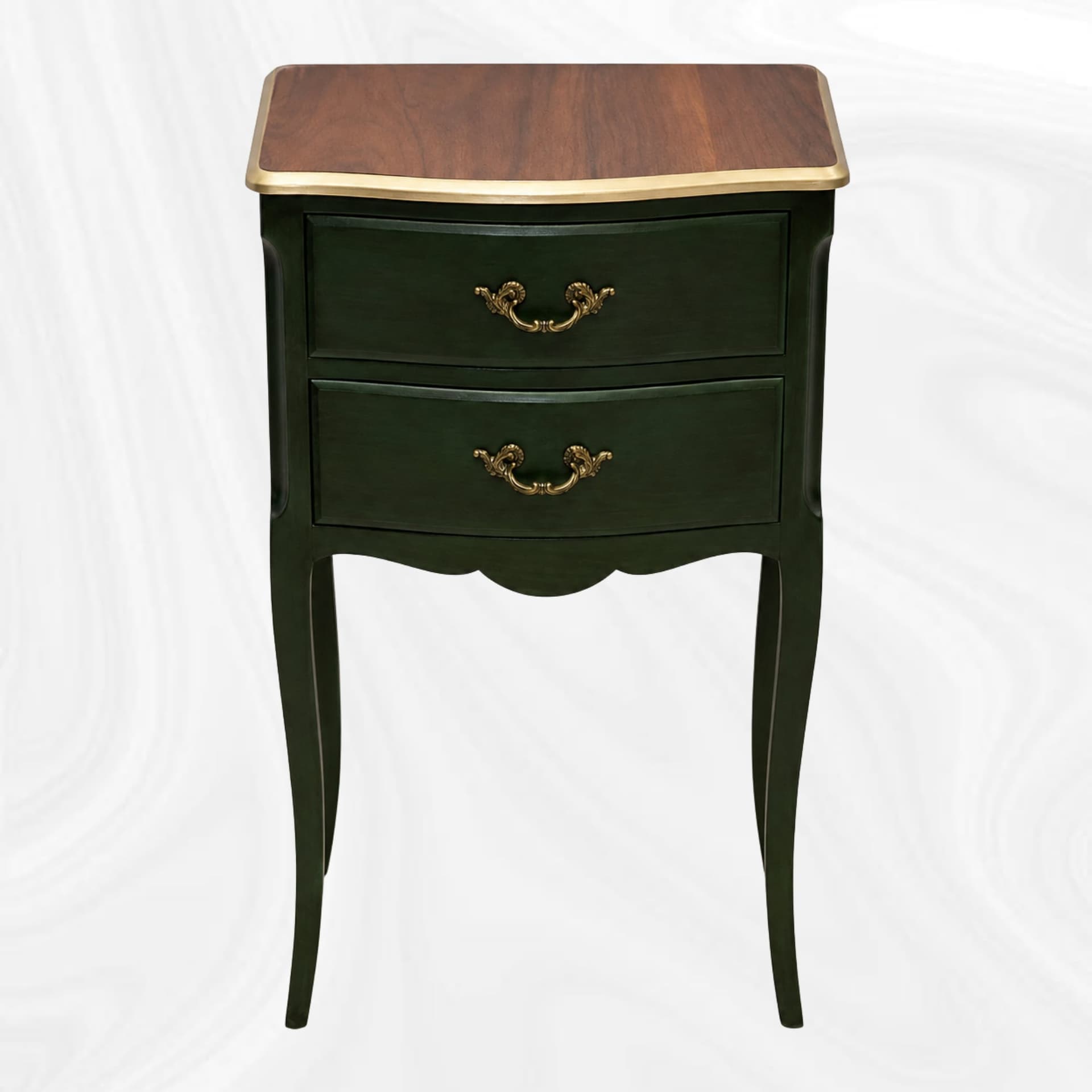 Table de chevet verte a deux tiroirs, vue de face