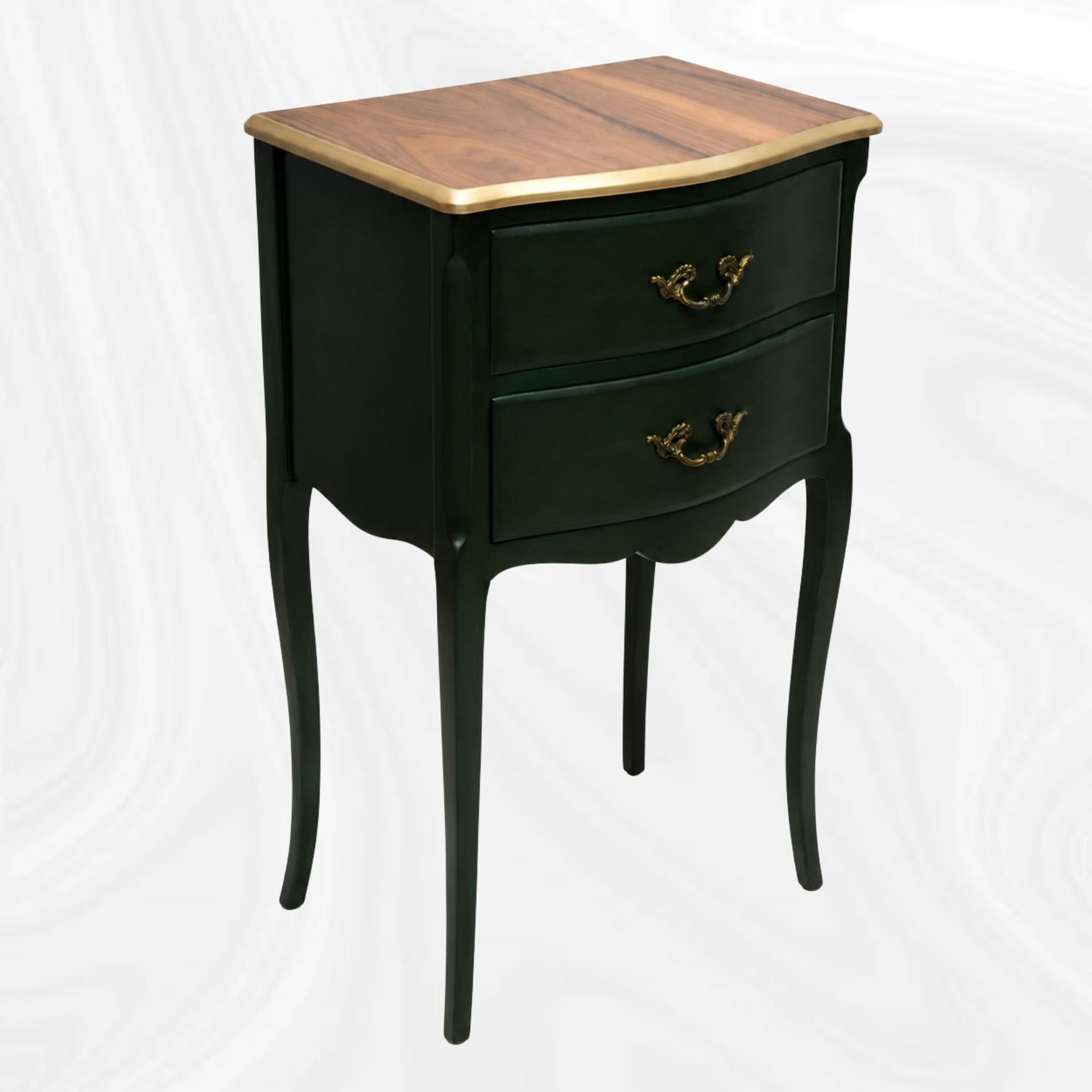 Table de chevet verte a plateau bois, vue de trois quarts