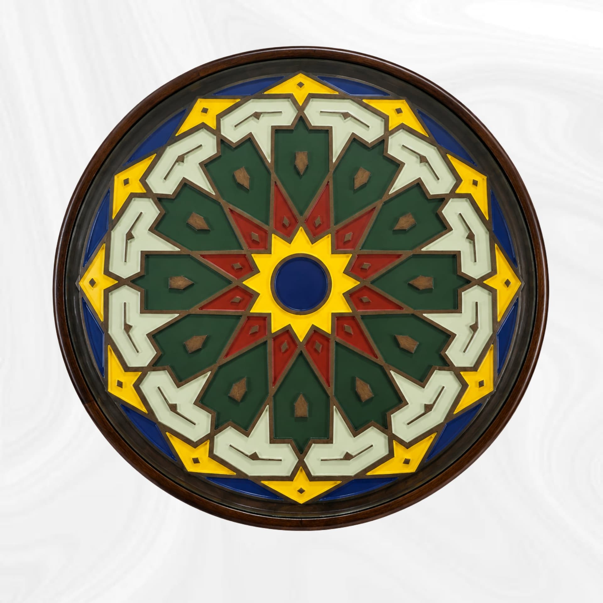 Round top with polychrome geometric rosette, top view