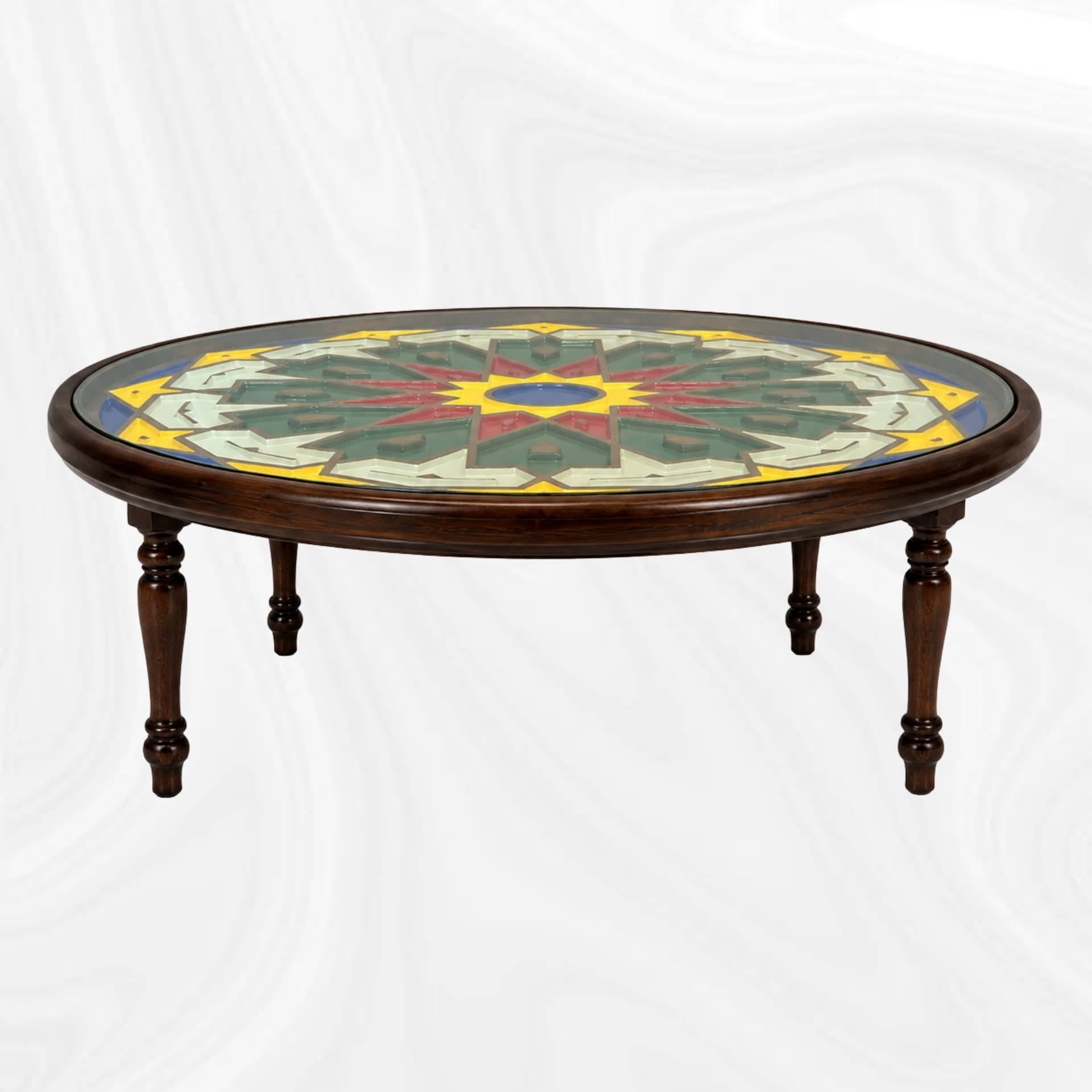Round coffee table with geometric decoration, side view