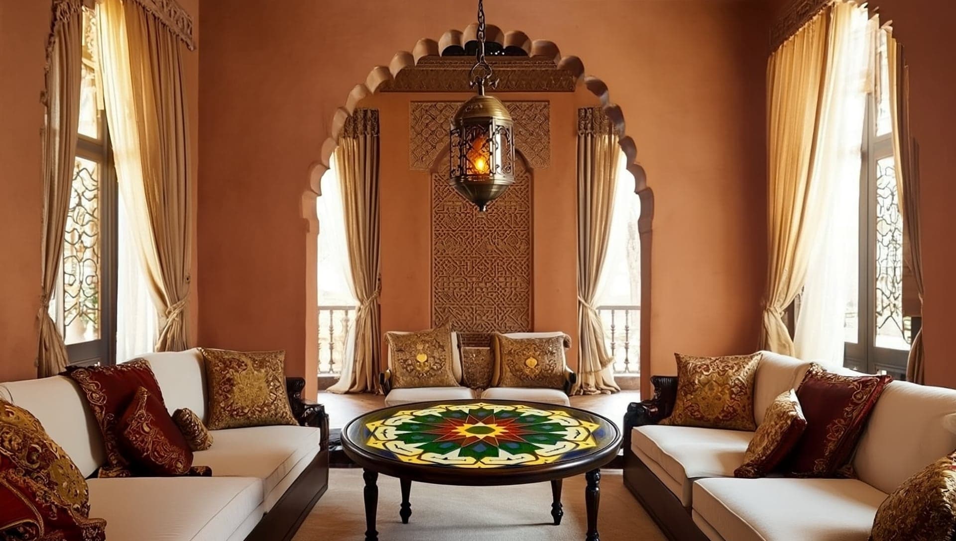 Table basse a decor geometrique polychrome au centre d'un salon marocain a banquettes ivoire et arc sculpte