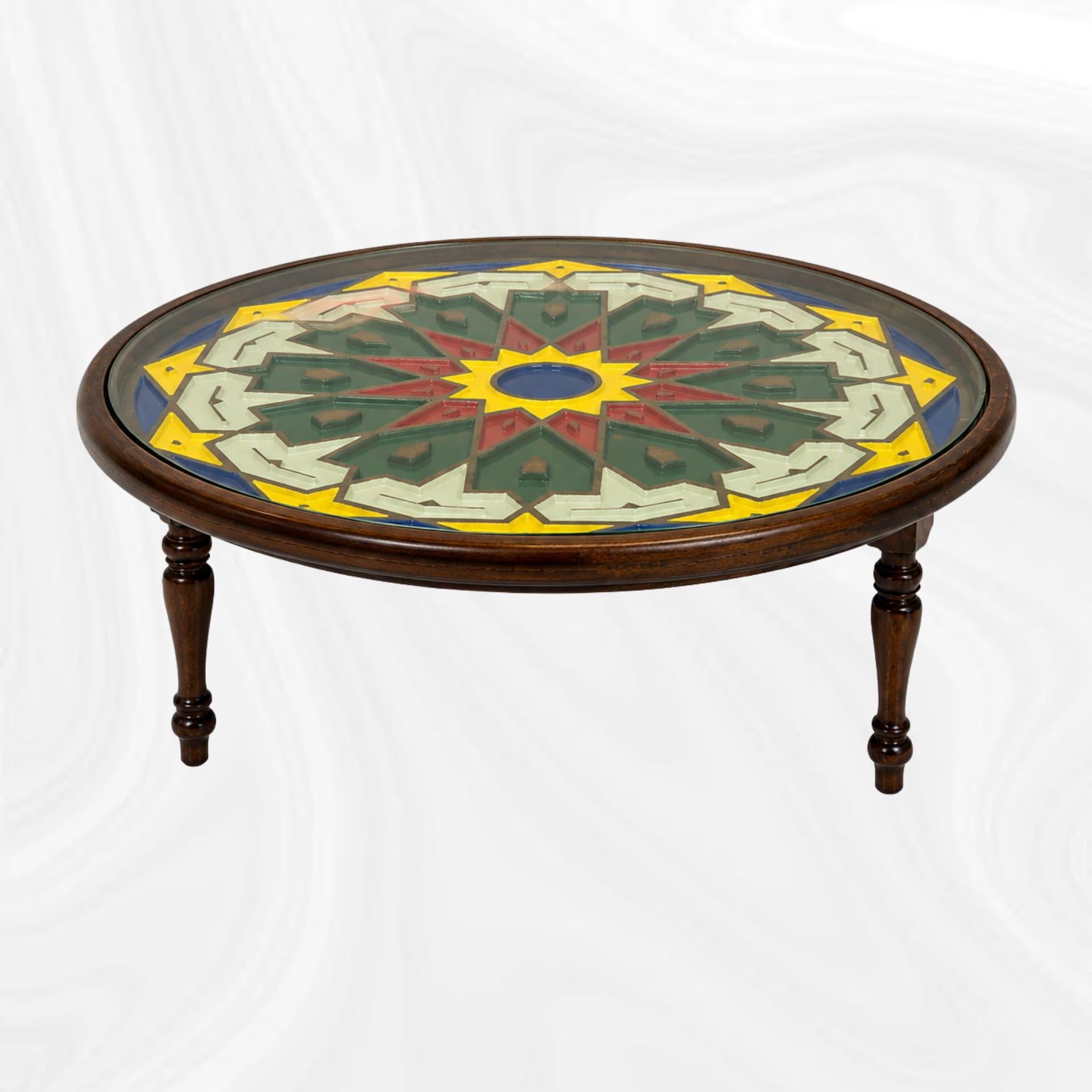 Round coffee table with geometric decoration, alternate overall view