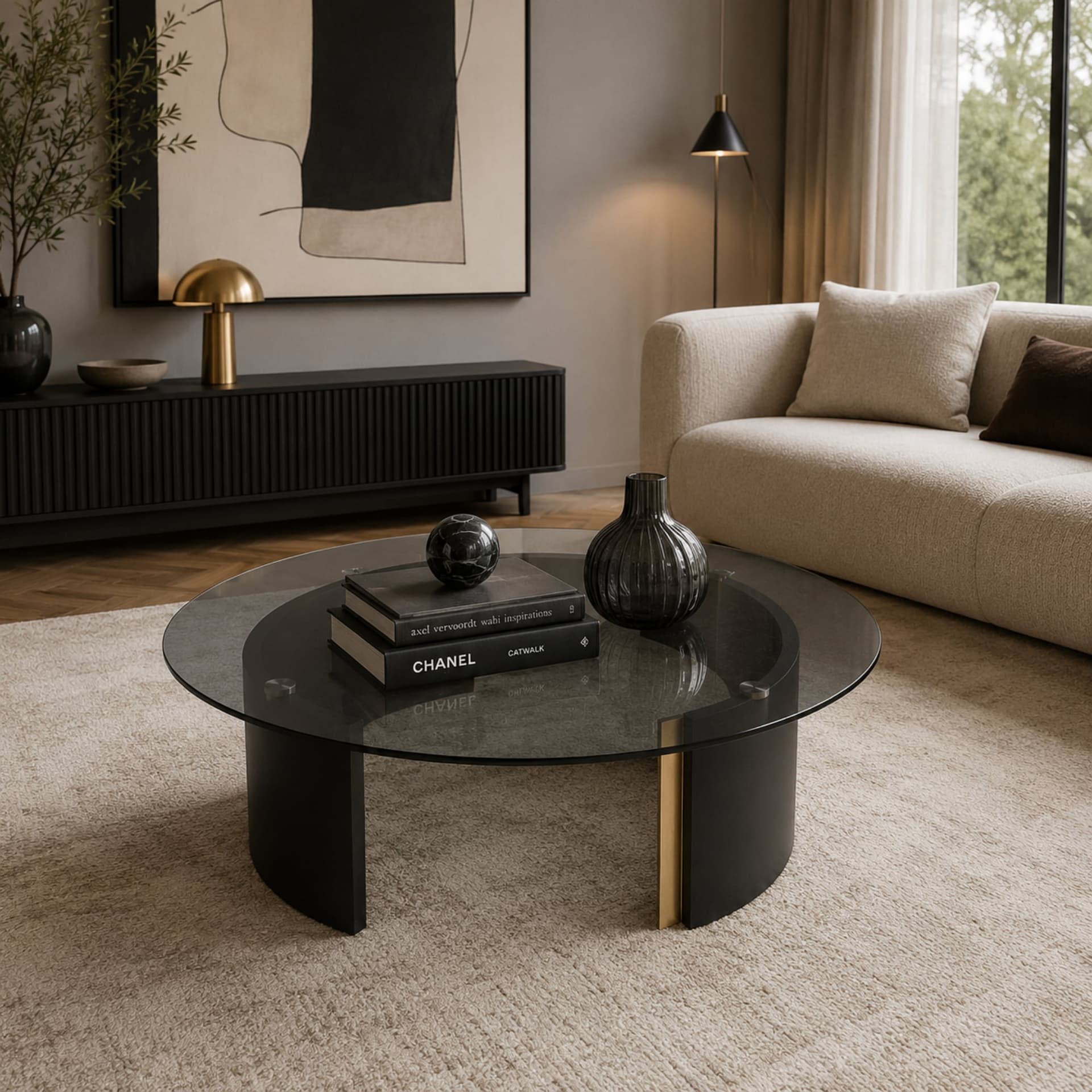 Sculptural round coffee table in a contemporary living room