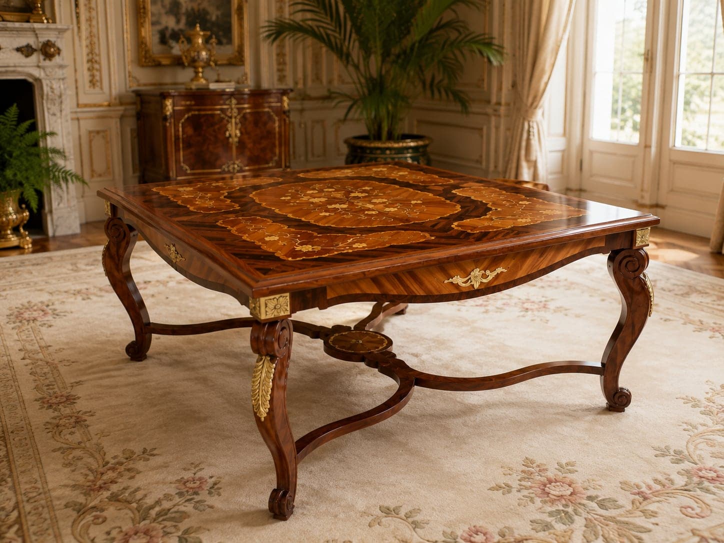 Table de salon à marqueterie, vue de trois quarts montrant le piètement galbé
