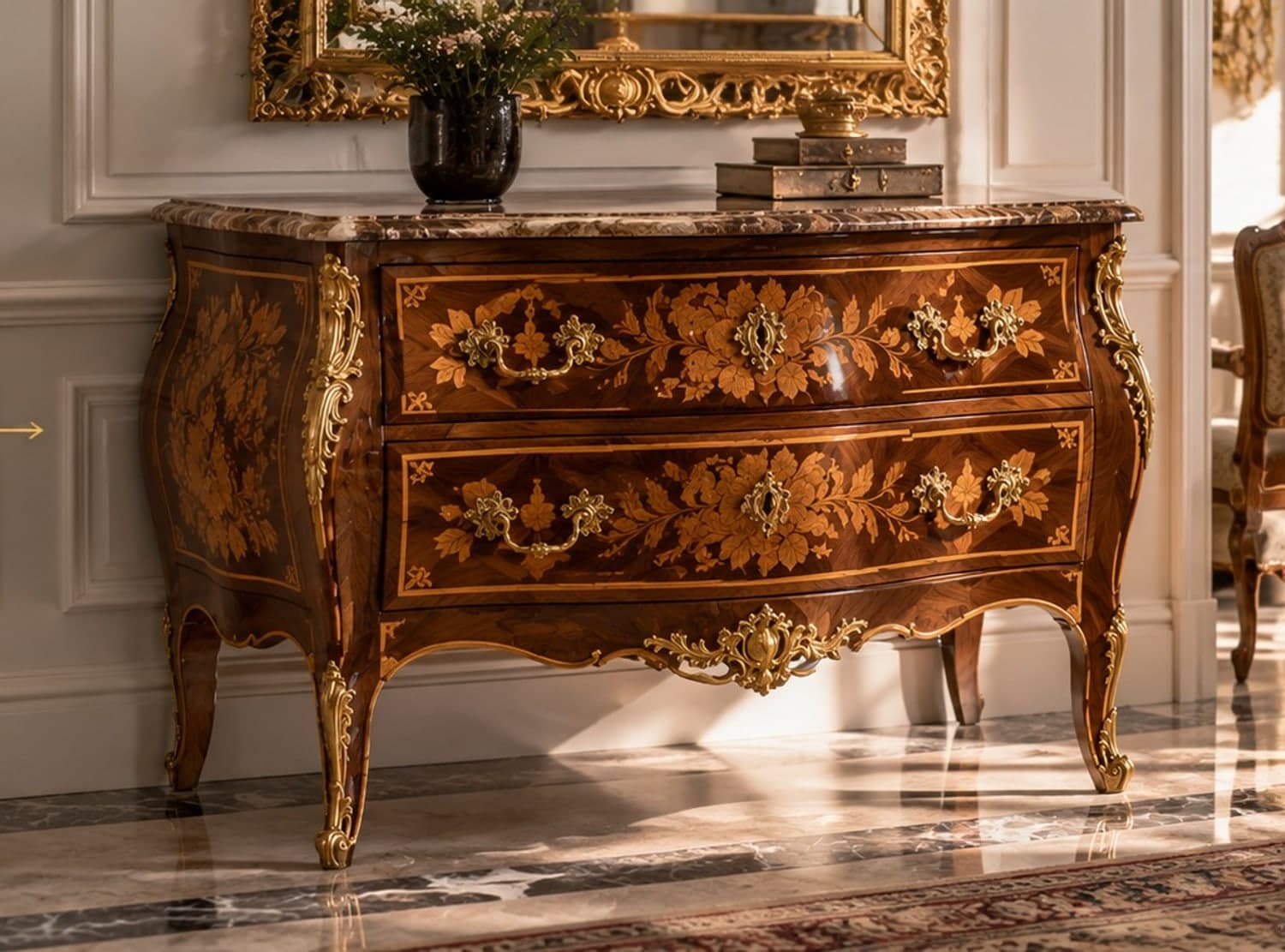 Bombé Louis XV commode with floral marquetry and gilt bronzes, restored and back in place in a panelled interior