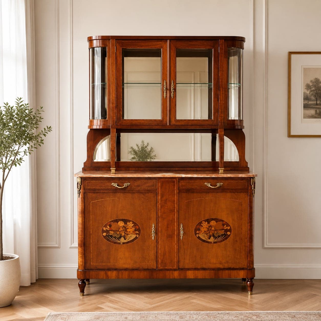 Le même buffet vitrine après intervention : porte reconstituée, vernis au tampon régénéré, bronzes polis, plateau de marbre posé