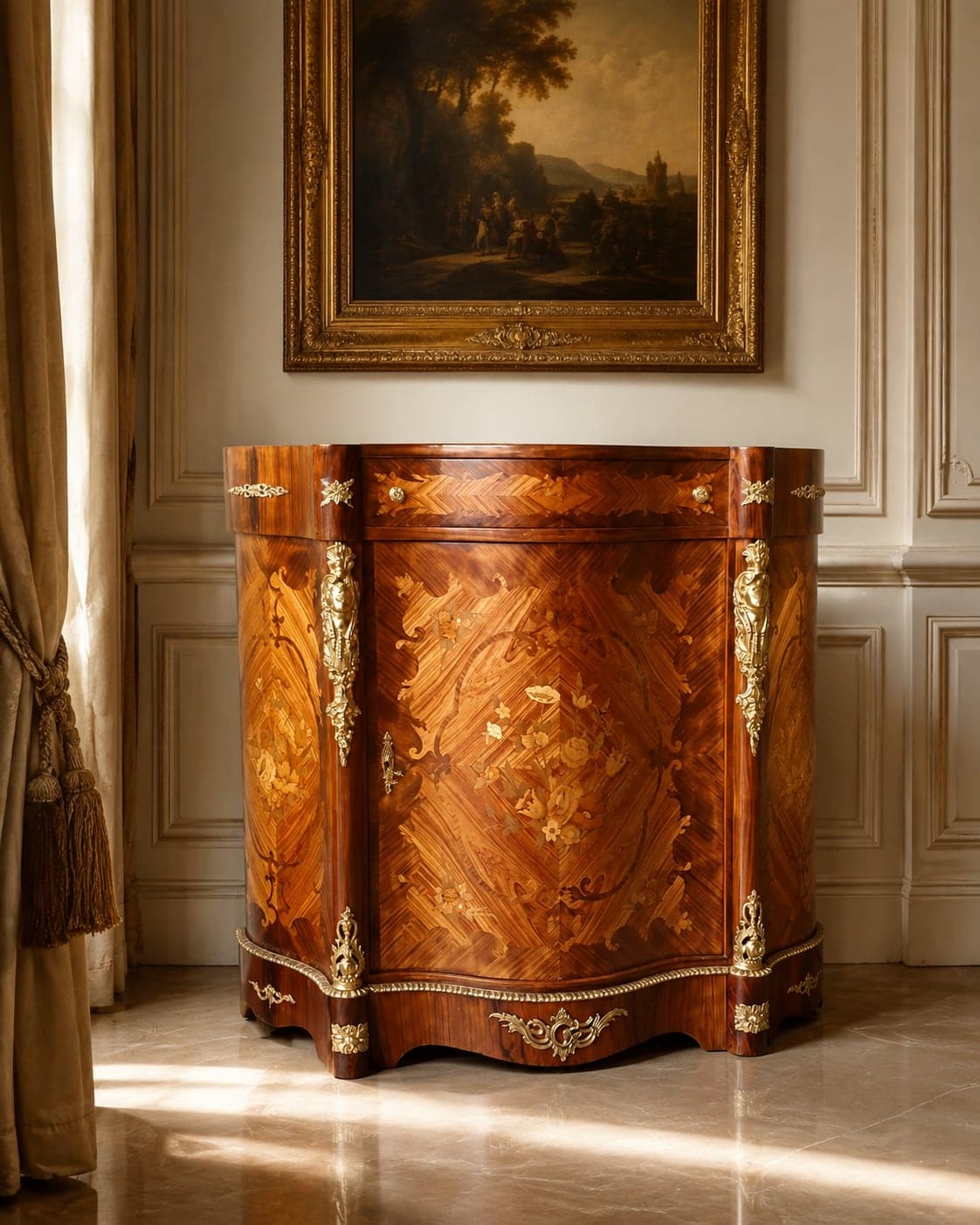 Meuble d'appui galbé à l'arrivée : vernis oxydé, contraste des essences masqué, bronzes ternis